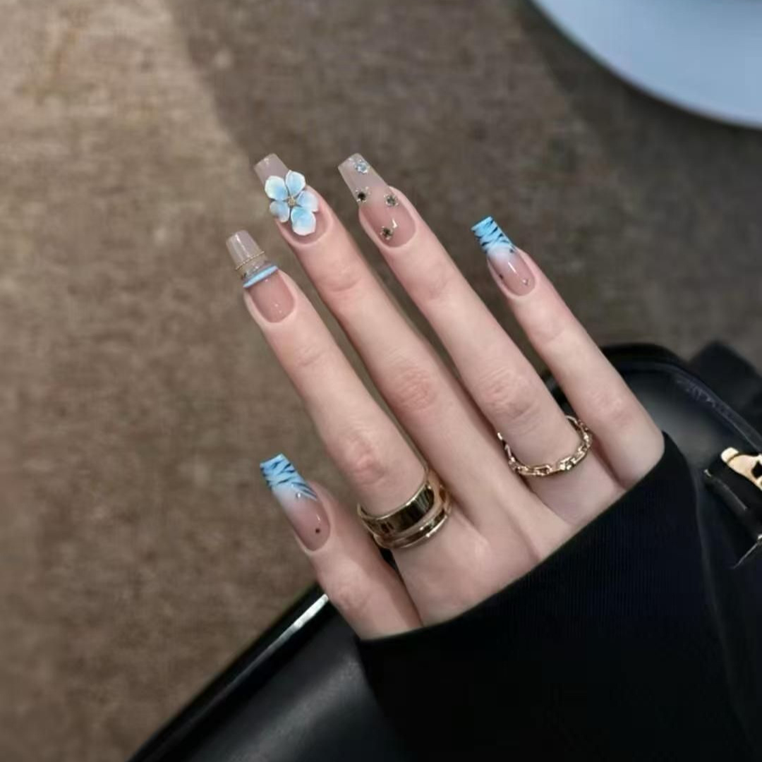Nail Art Zebra - 10 stuks handgemaakte opzetnagels blauw zebra