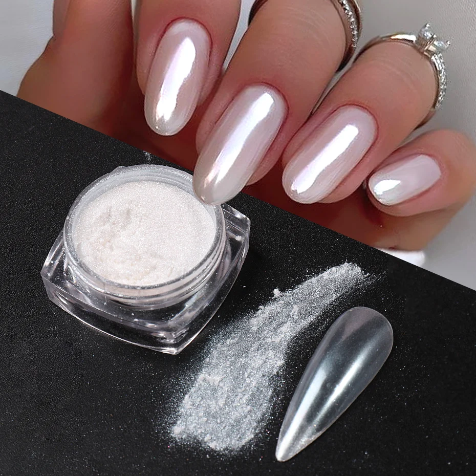 Dip Powder Nail - Witte Parel Spiegel Maanlicht Nagelpoeder Chroom